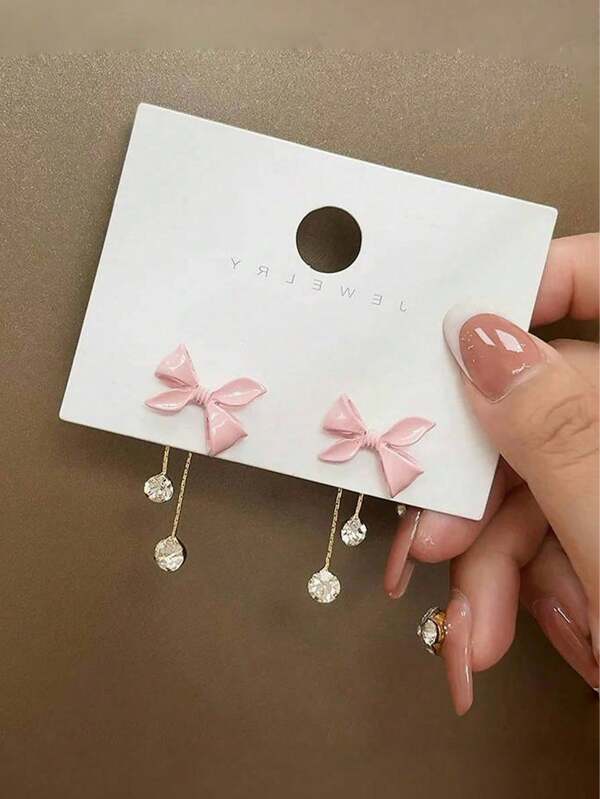 1 paire de boucles d'oreilles à pendants longs avec nœud orné de cristaux et franges, convient aux femmes et aux filles, doux et glamour, idéal pour la Saint-Valentin, la fête des mères, cadeau