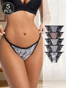 5 Pack Women's Leopard Print Smooth Polyester Low-Rise Hipster Underwear - Multicolor - View 2