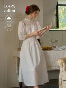 Simple Retro 女士春夏新款撞色蕾丝领白色优雅复古修身短袖连衣裙，女仆装，夏季棉质半身裙，伴娘礼服，法式温柔优雅 - 白色 - 查看 6