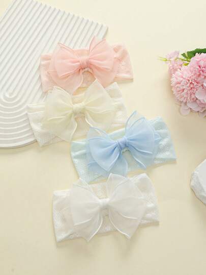 jralon 4pcs/Set Infant Lace Mesh Big Bow Headbands, Super Soft Elastic Hair Accessories Suitable For Baby Photo Props
