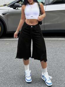 女式不对称下摆破洞7/10长度牛仔裤 - 黑色 - 查看 5