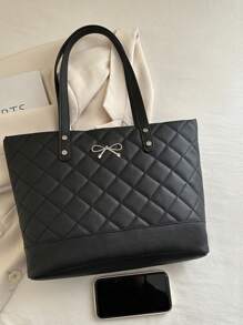 2025 New Rhombus Pattern Casual Large Capacity Bow Decor Tote Bag, Minimalist Fashion Handbag