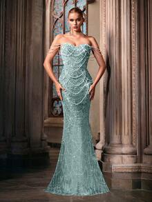 Đầm dạ hội LUVISTRUE Ethereal Pearl Decor, đầm sequin dành cho nữ, thích hợp cho lễ tốt nghiệp, dạ hội, tiệc sinh nhật, tiệc gala, tiệc cocktail, buổi hòa nhạc, lễ trao giải, đầm dài đến sàn, lệch vai. - Màu xanh bạc hà - Xem 1