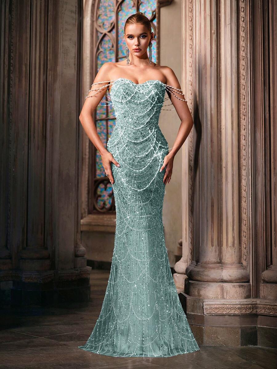 Đầm dạ hội LUVISTRUE Ethereal Pearl Decor, đầm sequin dành cho nữ, thích hợp cho lễ tốt nghiệp, dạ hội, tiệc sinh nhật, tiệc gala, tiệc cocktail, buổi hòa nhạc, lễ trao giải, đầm dài đến sàn, lệch vai. - Màu xanh bạc hà - Xem 1