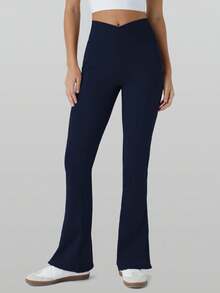 RUNONWHEELS 5 Women Flare Leggings No Front Seam Flare Yoga Pants With Tummy Control Crossover High Waist And Wide Leg Butt Lift Line - Navy Blue - View 6