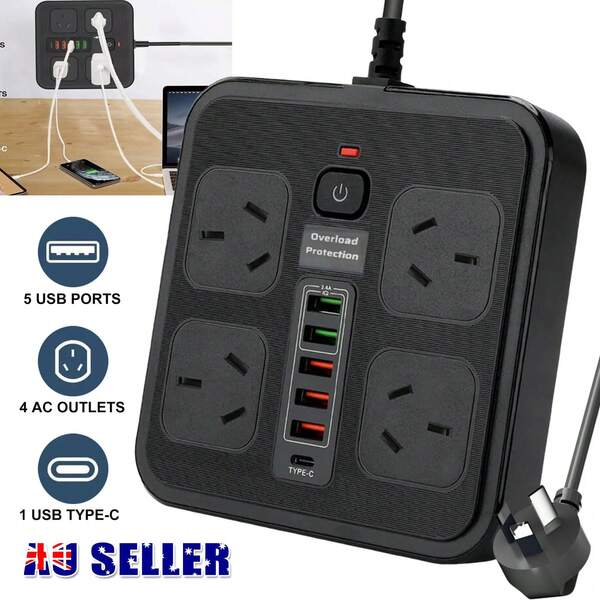 Power Board Surge Protector USB A/C Ports Overload Protection Compact 4 Outlets Power Board Surge Protector 4 Outlets 5 USB A/C Ports Overload Type C Switch