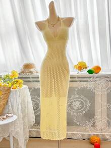 这款奶油黄色镂空针织连衣裙，修身剪裁，性感露背设计，充满波西米亚风情，适合音乐节和度假穿着，优雅大方，适合海滩、海边和游泳等场合。 - 黃色 - 查看 6