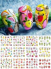 1 Stück 12 Design Sommer Nägel Cartoon Frucht Party Abstrakte Linie Nagel Wasser Aufkleber, Aquarell Wassermelone Zitrone Orange Scheiben Erdbeere Abziehbilder Wassermarke Charm Dekoration (ohne Klebkraft)