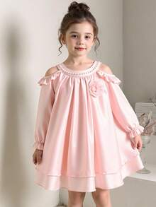 年轻女孩时尚可爱落肩花卉 3D 欧根纱串珠领连衣裙