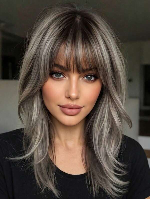 18-Inch Elegant Grey Long Curly Wig With Highlights And Bangs - Dark Roots To Light Tips Synthetic Hair Wigs For Women Daily Party Holiday Travel