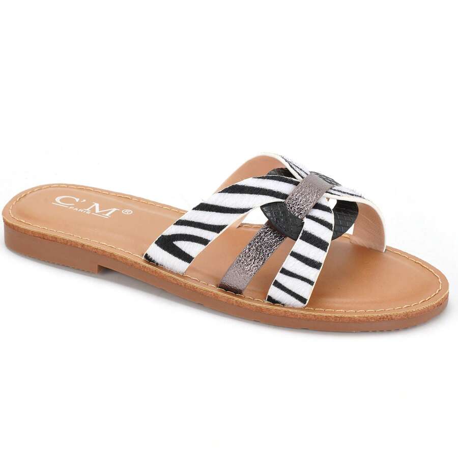 Women's Flat Sandals With Intertwined Straps, Minimalist Chic Style - Zebra Print - View 1