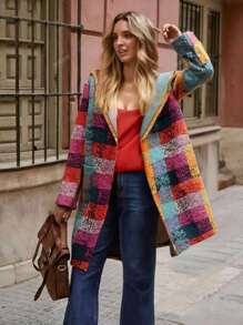 Women's Casual Plaid Print Long Sleeve Hooded Open Front Jacket With Pockets, Fashionable And Chic Street Style Plaid Coat, Autumn/Winter