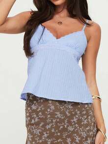 Women Y2k Lace Trim Cami Top Spaghetti Strap Sheer Mesh V Neck Camisole Summer Sexy Backless Tank Tops Outfits Summer Vacation Beach Streetwear - Màu xanh lam - Xem 4