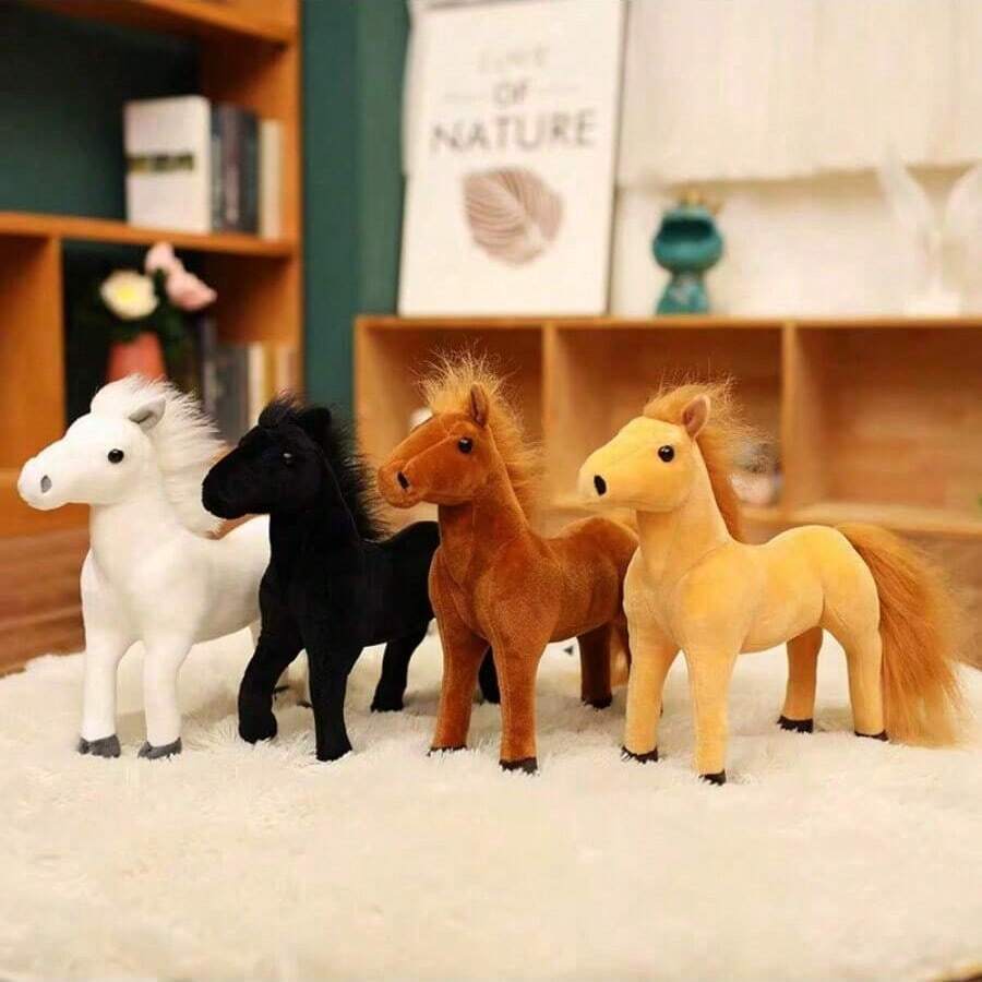 Juguetes de peluche realistas y lindos de caballos blancos pequeños, que incluyen caballos pequeños, caballos marrones, caballos negros, caballos blancos y caballos amarillos, muñecas, animales de peluche grandes, caballos lindos y creativos, muñecos de abrazo de la vida real, juguetes para niños, regalos de cumpleaños y diversos regalos festivos, decoraciones de sofá y decoraciones de habitación, peluches.