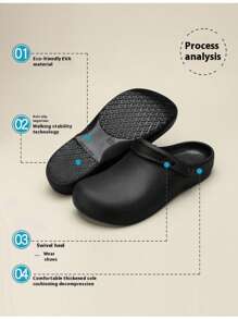 Unisex Anti-Slip, Waterproof, Oil-Proof Work Shoes Made Of One-Piece EVA Material, Durable & Comfortable. Simple Design, Closed Toe For Enhanced Safety. Flat Heel, Versatile For Chefs, Suitable For Kitchen, Catering, Hotel, Food Factory And More. High-Quality EVA Material, An Ideal Companion For Your Work.