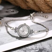 1 Stück Uhr mit Strass, goldfarbenes/silberfarbenes rundes Zifferblatt, Quarzuhrwerk, verstellbares Armband, raffinierte Party-/Geschenkuhr