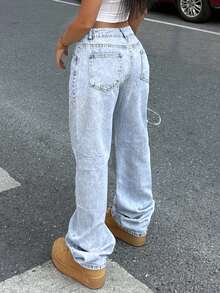 Women Casual Light Color Water-Washed Ripped Straight Leg Denim Jeans For Daily Wear - Light Wash - View 5