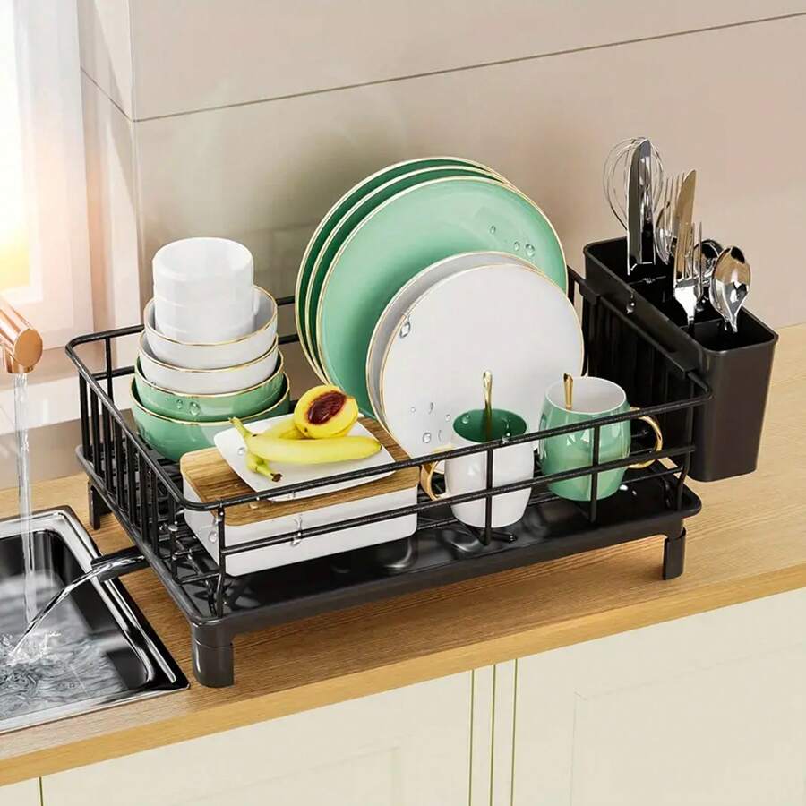 1 Pc Dish Drying Rack, Large Capacity Dish Rack With Drainboard, Dish Racks For Kitchen Counter,Dish Rack With Cutlery Rack And Drain Board, Suitable For Kitchen Counter, Rustproof Dish Drainer With Utensil Holder For Sink Black