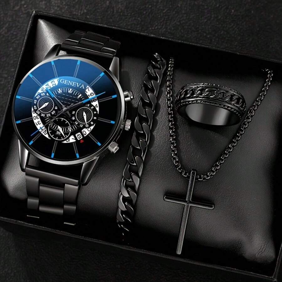 4-Piece Men's Stainless Steel Watch & Jewelry Set - Quartz Watch, Bracelet, Necklace, Ring With Gift Box - Versatile For Casual & Formal Occasions - Birthday/Anniversary Gift For Him - Black&Blue-4 pcs - 查看 1