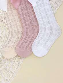 3 Pairs Girls' Summer Butterfly Design Mesh Thin Straight Socks - Multicolor - View 4