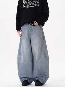 1pc Justice Brother Casual Loose Denim Jeans, Fashion Personalized Brand Baggy Trousers For Men - Baby Blue - View 4