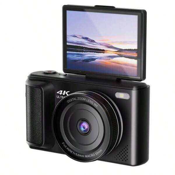 Cámara digital de alta definición de 1500mAh, 16X zoom opcional, estilo retro con pantalla giratoria de 2.8 pulgadas, 64M píxeles, video 4K HD, color negro, para novio y novia (Negro)