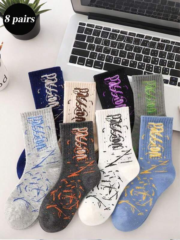 8 Pairs Men's Letter Graffiti Fashion Crew Socks, Versatile White Basketball Sports Socks For Spring And Autumn