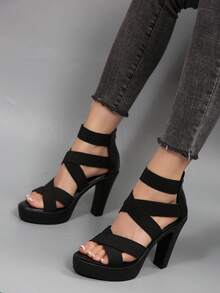 优雅女士黑色高跟凉鞋，新款夏季时尚细高跟鞋，交叉带，包跟，后拉链 - 黑色 - 查看 7