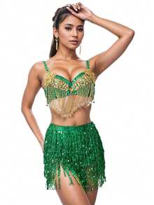 Conjunto de sujetador de danza del vientre con lentejuelas brillantes y cadena de cintura con flecos para mujer, disfraz de carnaval - Multicolor - Ver 4