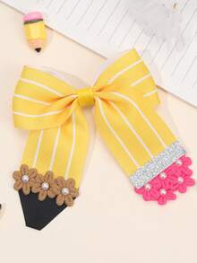 1pc Girl's Back-To-School Hair Bow Clip – Yellow Pencil Striped Print Hairpins,Rose Pink & Coffee Color Floral Decor Hair Bows With Faux Pearls Charms, Funny Pencil Design – Vintage Preppy Style Hair Accessories For School Season