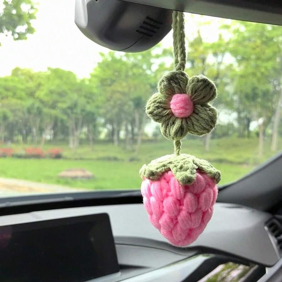Car Rear View Mirror Hanging Accessory, Cute Cherry Car Accessories, Crochet Car Decor, Hand Knitted Car Mirror Hanger Holiday Gifts - Red - View 1
