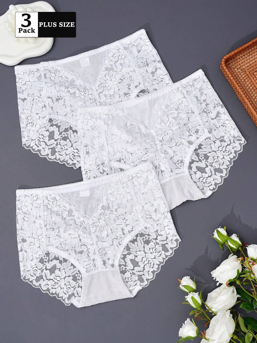 FOVTY 3件装加大码返校季女式蕾丝性感内裤 - 白色 - 查看 1