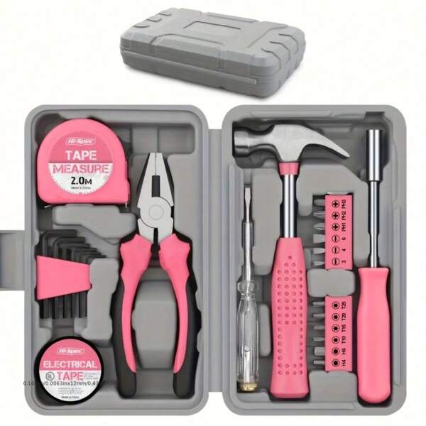 13pcs Carbon Steel Pink Home Repair Tool Set With Pliers, Tape Measure, Screwdrivers, And More - Uncharged, Battery-Free, No Assembly Required