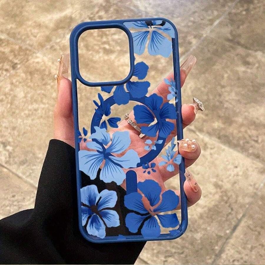 A Fashionable Magnetic Phone Case With Blue Floral Patterns Suitable For IPhone17PROMA 16 Pro Max 15 Plus 14 13 12 11 XS Max XR X - Màu xanh lam - Xem 1