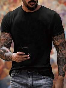 Men's Loose Printed Short Sleeve T-Shirt, Loose Type, Machine Washable, Printed Letter Pattern Design - Black - View 2