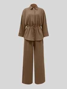 Women's Fashion Single-Breasted Lapel Drawstring Top & Elastic Waist Pants Set, Casual Solid Color Spring Elegant - Brown - View 8