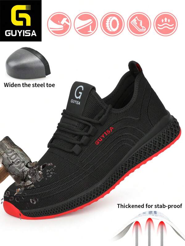 GUYISA Sicherheitsschuhe für Damen, Stahlkappenstiefel, bruchsicher, stichfest, weich, atmungsaktiv, verschleißfest, niedriger Schaft, schwarz, für den Außenbereich, Fabrik, Werkstatt, Baustelle, Arbeit, Schutzschuhe (Die Schuhgröße fällt etwas groß aus. Bitte eine Nummer kleiner bestellen.)