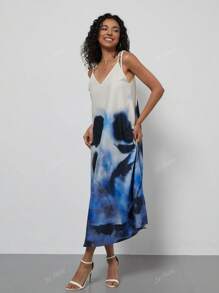 Women's Fashion Floral Print V-Neck Casual Vacation Style Spaghetti Strap Backless Summer Dress, Se-Hore Design