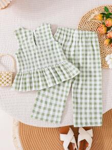 Summer Baby/Baby GirlScoop Neck Ruffle Hem Knitted Plaid Vest Top + Loose Knitted Plaid Pants Set