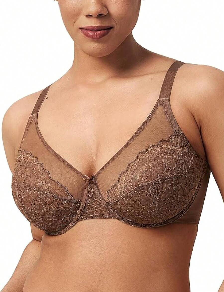 Minimizer Bras Women Full Coverage Underwire Bras Plus Size Lifting Lace Bra Heavy Breast - 咖啡棕 - 查看 1