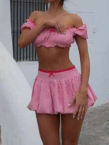 Womens Y2k Gingham Skirts Set Off Shoulder Short Sleeve Tube Tops Ruffle Mini Bubble Skirt Set Summer Going Out Two Piece Outfits - Red - View 2