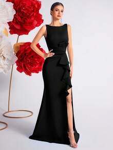 Elisanya Đầm dự tiệc cocktail hở lưng xẻ tà cạp cao đơn giản - màu đen - Xem 6