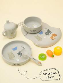 Juego de 5 piezas de vajilla infantil personalizada con estampado a pedido, con diseños lindos de gato arcoíris y dinosaurio. Incluye baberos impermeables, taza, plato, bol y cuchara suave para alimentación y entrenamiento de infantes. - Multicolor - Ver 5
