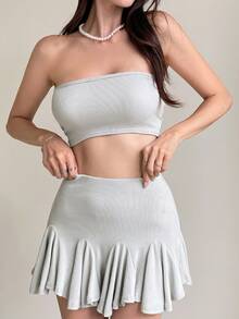 ARA CHIC Women's Green Sexy Backless Strapless Bustier Top & Fashion Pleated Mini Skirt Two Pieces Set. New Collection For Beach Vacation & Dating. - Green - View 8