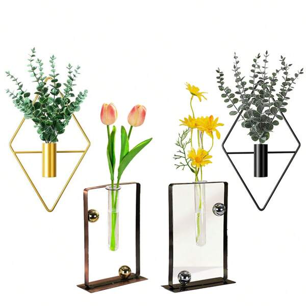 1 Piece Of Wrought Iron Wall Decoration Flower Rack, Diamond Shaped Geometric Flower Rack, Wall Mounted Simulated Green Plant False Flower Hanging Flower Rack, Aerial Flower Pot, Simulated Decorative Flower Plug, Beautiful Indoor Potted Plant Rack, Suitable For Living Room, Bedroom, Office