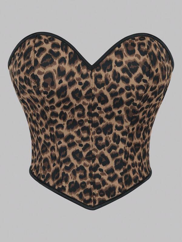 1 pièce Corset court et moulant pour femme, style européen et américain, tissu jacquard imprimé léopard, body sexy à dos lacé et baleines pour une tenue d'extérieur à la mode