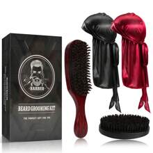 4 In 1 360 Waves Brush Kit For Men & Women, Wave Brush Silky Durag Wave Cap Set - Including 2pcs Durag Caps - Black & Red, And Brush With Wooden Handle, Silky Shine & Training, Curved Brush, Durag Cap Set, Du-Rag Extra Long Tails