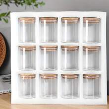 1 peça/1 conjunto com 12 potes de vidro para armazenamento com tampas herméticas de bambu, recipientes portáteis transparentes para alimentos para chá, grãos de café, açúcar, doces, biscoitos, especiarias e utensílios de cozinha - Claro - Ver 2