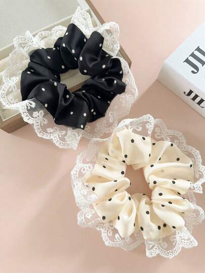 1個/2個 ポルカドット リボン スクランチー レース付き、ポルカドットリボンポニーテールホルダー ヘアアクセサリー、ドレス、ビーチホリデー、デイリーコーデ装飾、ボヘミアンスタイル、ヘアタイ ヘアバンド ヘッドアクセサリー エラスティックバンド ヘアゴム