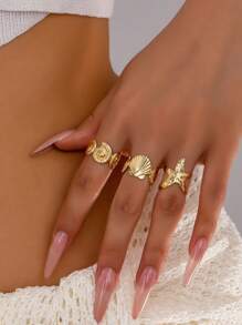 3 Pcs Summer Marine Themed Ocean Inspired Starfish Ring , Seashell Scallop Design Stacked Rings Set , Women Beach Vocation Jewelry Accessories